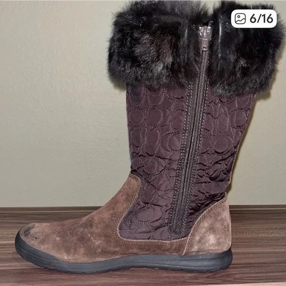 Coach Talen Brown monogram, rabbit Black Fur-Trimmed Boots - Picture 5 of 12